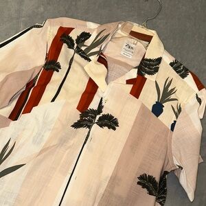 Zara Men's Red and Cream Tropical Print Shirt